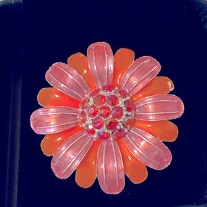 Cool Flower Brooch, Pink and Coral with Orange Aurora Borealis Rhinestones
